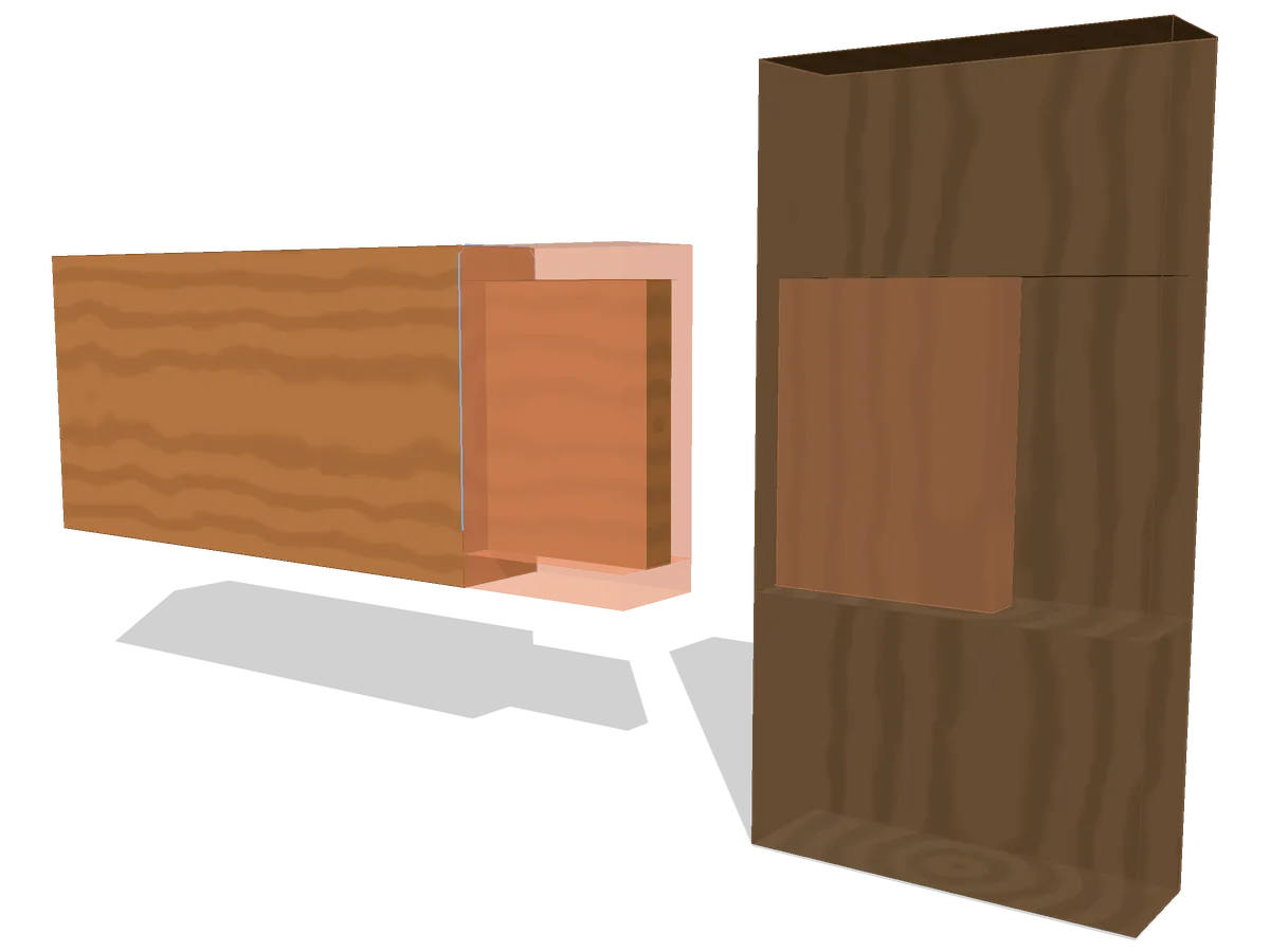 Mortise and tenon joint marked out — the state the viewer opens from: layout lines scribed, no waste removed yet.