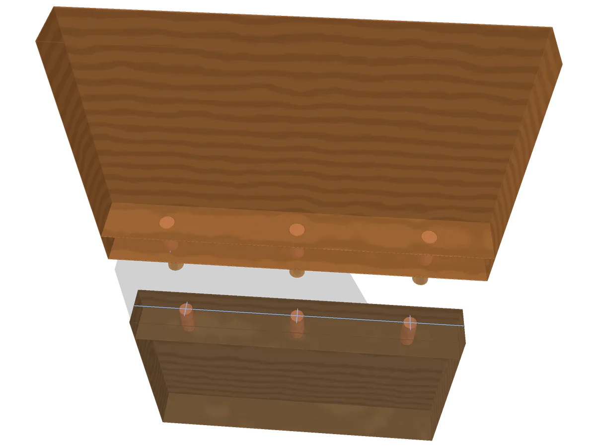 Dowel joint marked out — the state the viewer opens from: layout lines scribed, no waste removed yet.