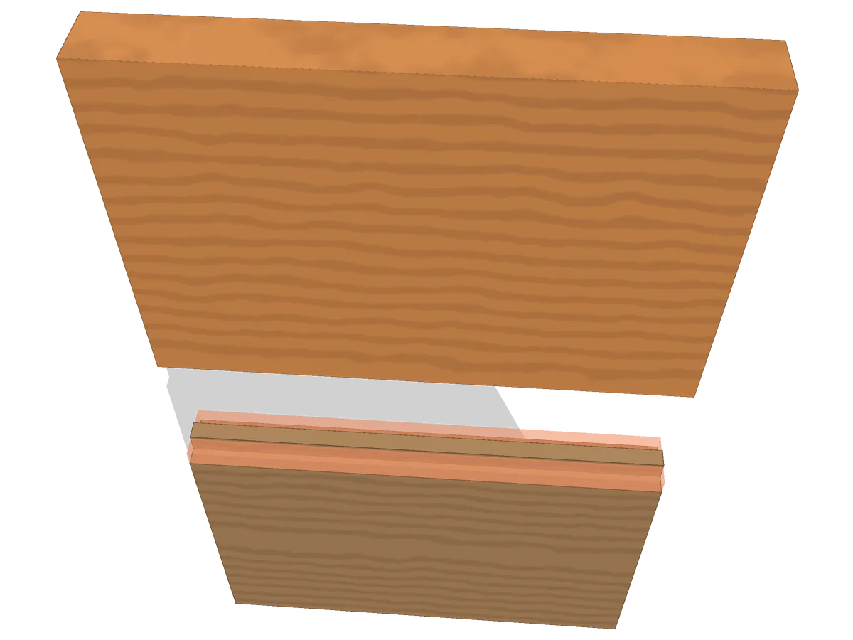 Tongue and groove joint marked out — the state the viewer opens from: layout lines scribed, no waste removed yet.