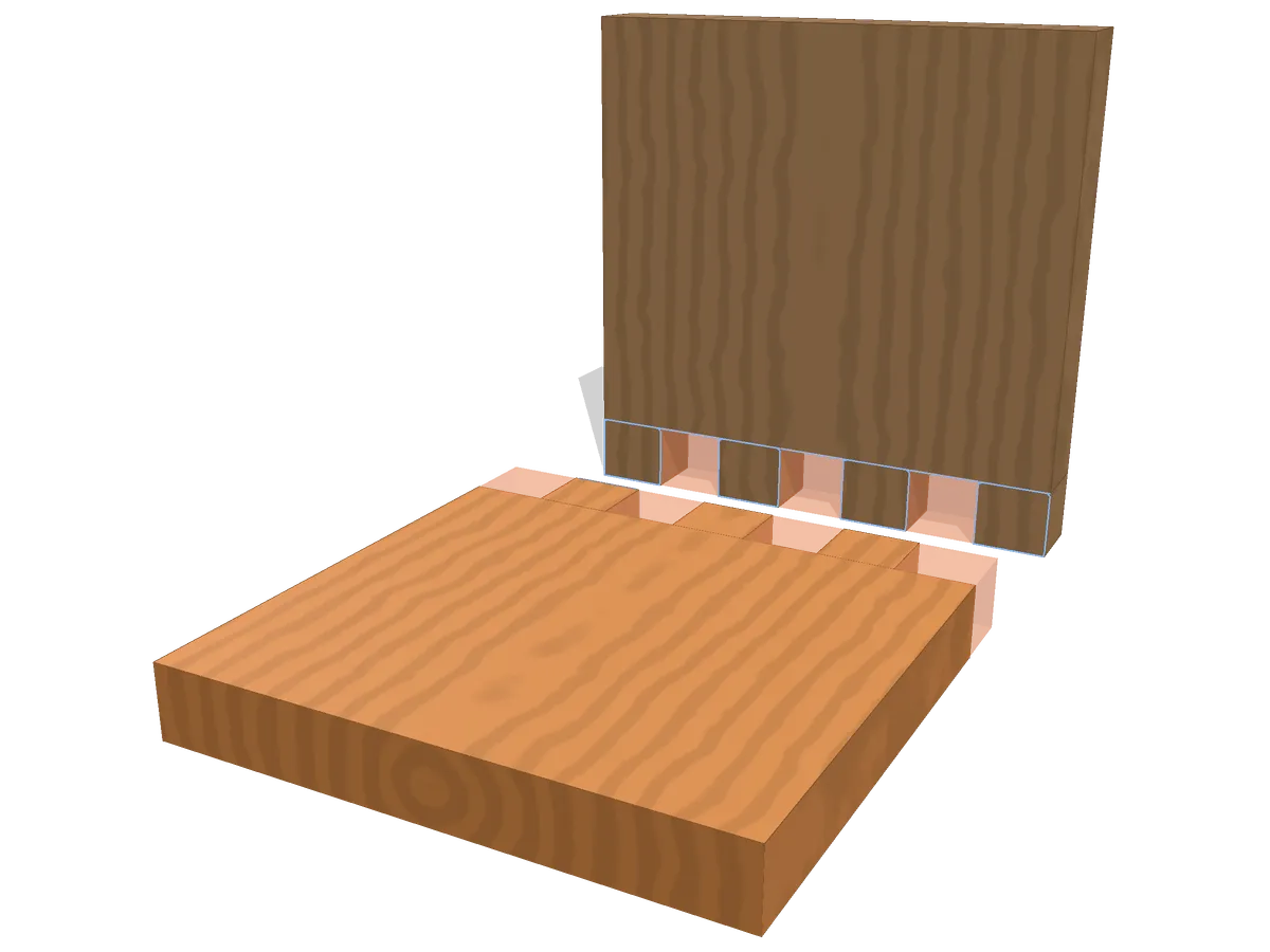 Box joint marked out — the state the viewer opens from: layout lines scribed, no waste removed yet.