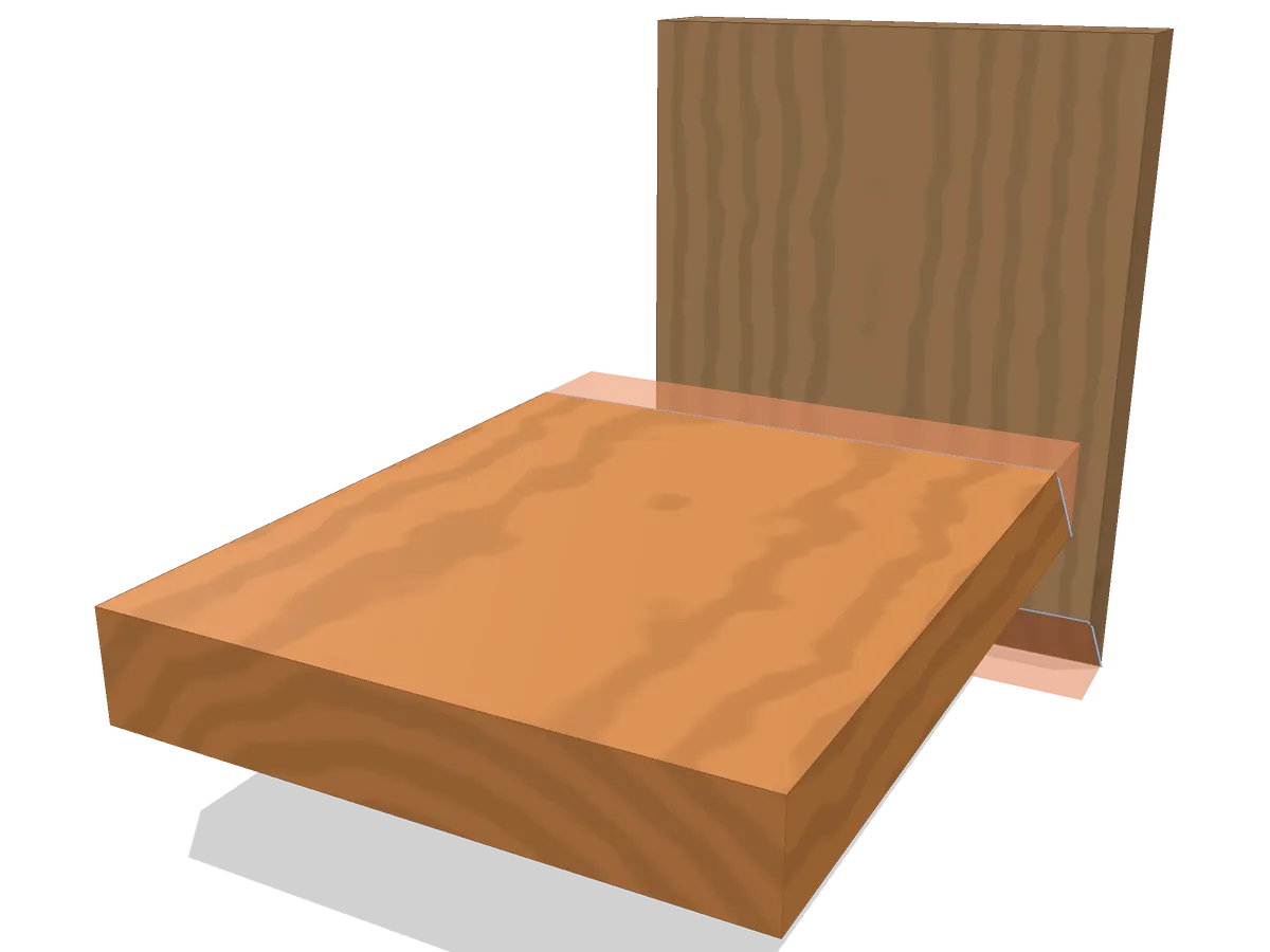 Miter joint marked out — the state the viewer opens from: layout lines scribed, no waste removed yet.