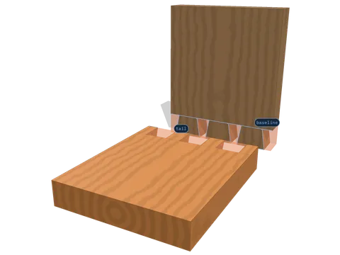 Dovetail corner with layout lines scribed on the tail board and nothing cut away yet.