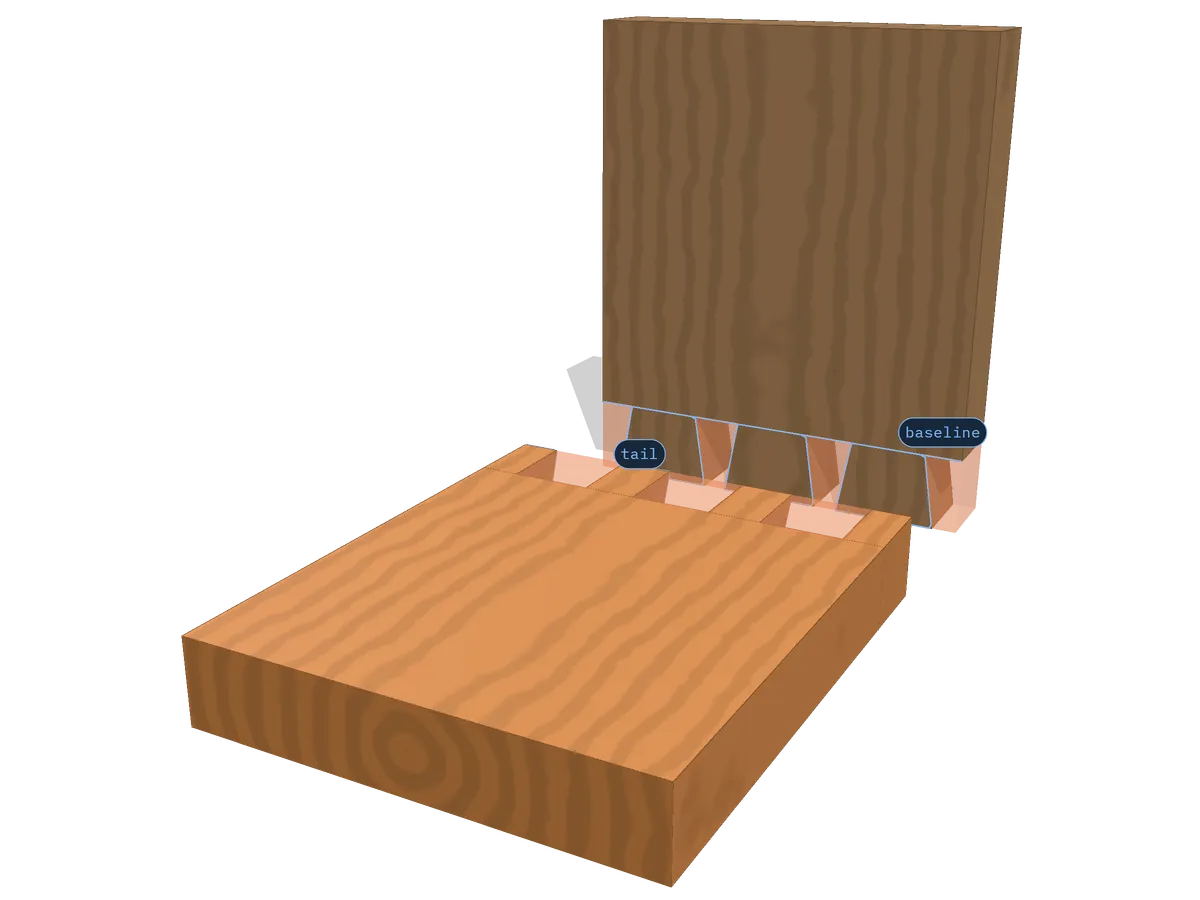 Dovetail joint marked out — the state the viewer opens from: layout lines scribed, no waste removed yet.