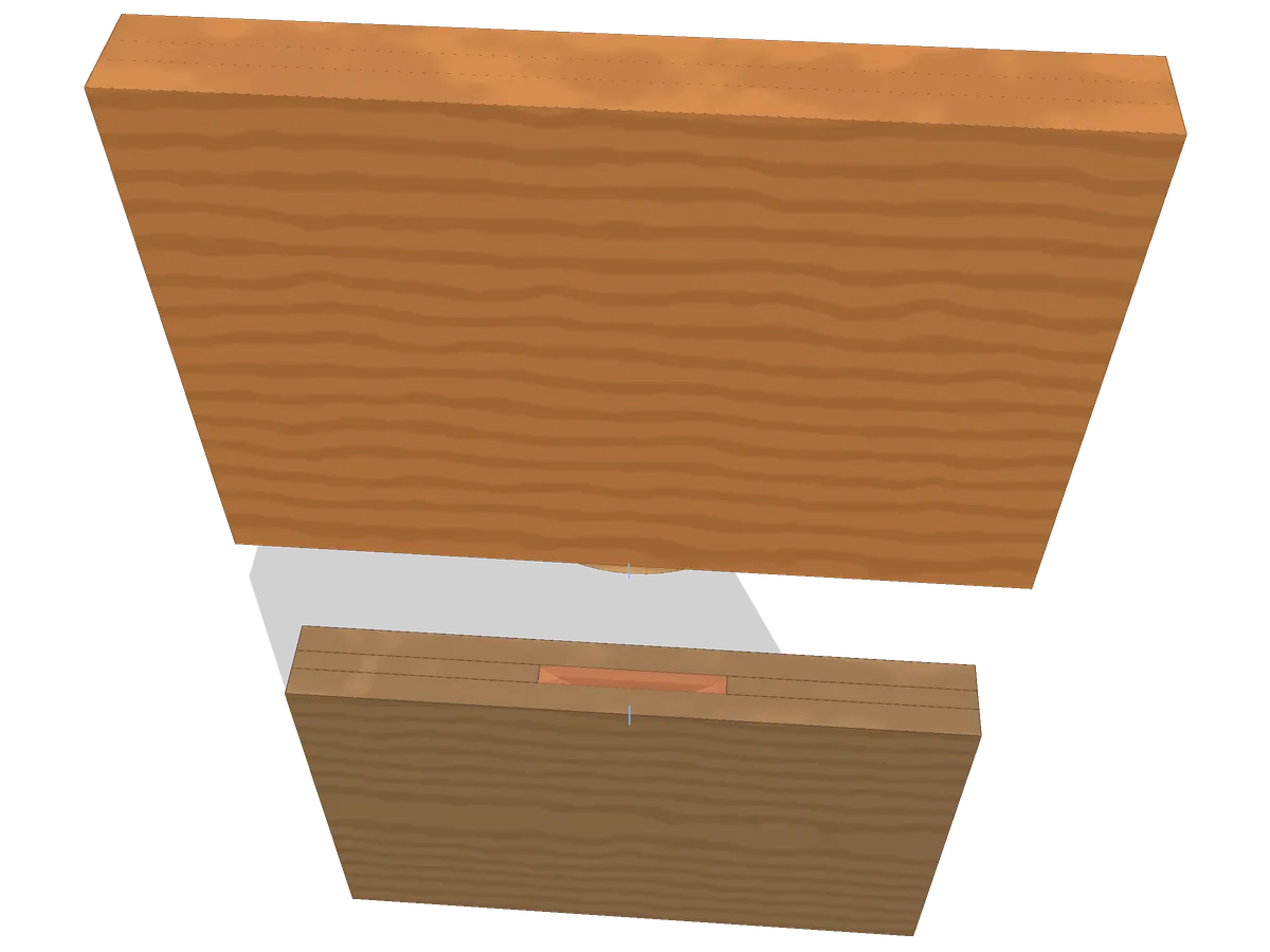 Biscuit joint marked out — the state the viewer opens from: layout lines scribed, no waste removed yet.