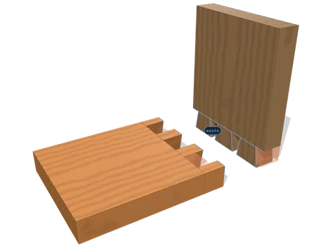 The same dovetail with the waste between the pins shown as a separate solid before it is taken away.